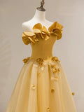 A line Strapless Yellow Tulle Long Prom Dress Party Dress SD2795