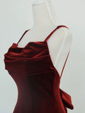Mermaid Spaghetti Straps Wine Red Velvet Long Evening Dress Prom Dresses SD2797
