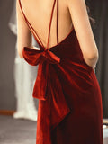 Mermaid Spaghetti Straps Wine Red Velvet Long Evening Dress Prom Dresses SD2797