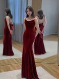 Mermaid Spaghetti Straps Wine Red Velvet Long Evening Dress Prom Dresses SD2797