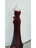 Mermaid Spaghetti Straps Wine Red Velvet Long Evening Dress Prom Dresses SD2797