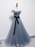 Ball Gown Off The Shoulder Blue Tulle Long Prom Gown Fairy Prom Dresses SD2798