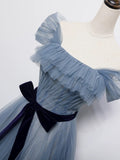 Ball Gown Off The Shoulder Blue Tulle Long Prom Gown Fairy Prom Dresses SD2798 HZ0628