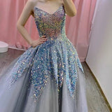 Balll Gown Sweetheart Blue Sequin Tulle Long Evening Dress Prom Dresses SD2799