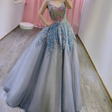Balll Gown Sweetheart Blue Sequin Tulle Long Evening Dress Prom Dresses SD2799