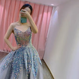 Balll Gown Sweetheart Blue Sequin Tulle Long Evening Dress Prom Dresses SD2799