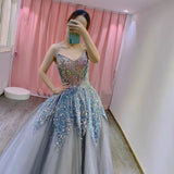 Balll Gown Sweetheart Blue Sequin Tulle Long Evening Dress Prom Dresses SD2799