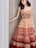 Balll Gown Strapless Tulle Pink Ruffles Long Evening Dress Prom Dresses SD2801