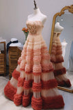 Balll Gown Strapless Tulle Pink Ruffles Long Evening Dress Prom Dresses SD2801