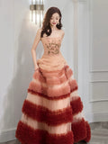 Balll Gown Strapless Tulle Pink Ruffles Long Evening Dress Prom Dresses SD2801