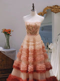 Balll Gown Strapless Tulle Pink Ruffles Long Evening Dress Prom Dresses SD2801