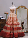 Balll Gown Strapless Tulle Pink Ruffles Long Evening Dress Prom Dresses SD2801