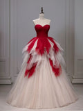 Balll Gown Sweetheart Red Tulle Ruffles Long Evening Dress Prom Dresses SD2802