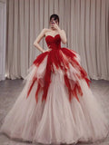 Balll Gown Sweetheart Red Tulle Ruffles Long Evening Dress Prom Dresses SD2802