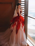 Balll Gown Sweetheart Red Tulle Ruffles Long Evening Dress Prom Dresses SD2802