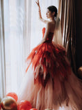 Balll Gown Sweetheart Red Tulle Ruffles Long Evening Dress Prom Dresses SD2802