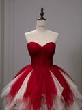 Balll Gown Sweetheart Red Tulle Ruffles Long Evening Dress Prom Dresses SD2802