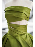 Balll Gown Strapless Green Satin Ruffles Long Evening Dress Prom Dresses SD2803