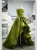 Balll Gown Strapless Green Satin Ruffles Long Evening Dress Prom Dresses SD2803