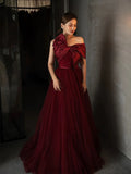 Ball Gown Strapless Burgundy Tulle Long Prom Gown Fairy Prom Dresses SD2808