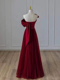 Ball Gown Strapless Burgundy Tulle Long Prom Gown Fairy Prom Dresses SD2808