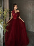 Ball Gown Strapless Burgundy Tulle Long Prom Gown Fairy Prom Dresses SD2808