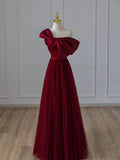 Ball Gown Strapless Burgundy Tulle Long Prom Gown Fairy Prom Dresses SD2808