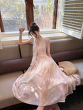 A Line Halter Pink Chiffon Floral Ankle Length Evening Dress Prom Dresses SD2821