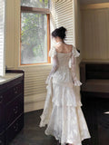 Mermaid Sweetheart Neckline White Lace Ruffles Long Evening Dress Prom Dresses SD2823