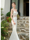 Mermaid Spaghetti Straps White Long Length Evening Dress Prom Dresses SD2828