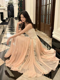 A Line Spaghetti Straps Pink Chiffon Ankle Length Evening Dress Prom Dresses SD2829