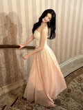 A Line Spaghetti Straps Pink Chiffon Ankle Length Evening Dress Prom Dresses SD2829