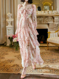 A Line Sweetheart Long Sleeves Pink Floral Chiffon Ankle Length Evening Dress Prom Dresses SD2830