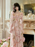 A Line Sweetheart Long Sleeves Pink Floral Chiffon Ankle Length Evening Dress Prom Dresses SD2830