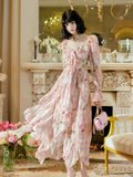 A Line Sweetheart Long Sleeves Pink Floral Chiffon Ankle Length Evening Dress Prom Dresses SD2830