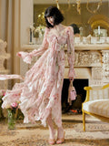A Line Sweetheart Long Sleeves Pink Floral Chiffon Ankle Length Evening Dress Prom Dresses SD2830