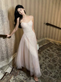 A Line Spaghetti Straps Tulle Pink Ankle Length Evening Dress Prom Dresses SD2835
