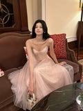A Line Spaghetti Straps Tulle Pink Ankle Length Evening Dress Prom Dresses SD2835