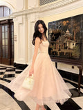 A Line Spaghetti Straps Tulle Pink Ankle Length Evening Dress Prom Dresses SD2835