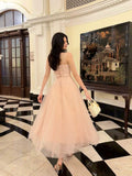 A Line Spaghetti Straps Tulle Pink Ankle Length Evening Dress Prom Dresses SD2835