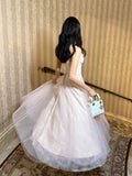 A Line Spaghetti Straps Tulle Pink Ankle Length Evening Dress Prom Dresses SD2835