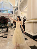 A Line Spaghetti Straps Tulle Chamapgne Ankle Length Evening Dress Prom Dresses SD2837