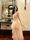 High Low Spaghetti Straps Tulle Pink Floral Ankle Length Evening Dress Prom Dresses SD2838