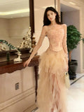 High Low Spaghetti Straps Tulle Pink Floral Ankle Length Evening Dress Prom Dresses SD2838