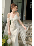 Mermaid Spaghetti Straps White Ankle Length Evening Dress Prom Dresses SD2853