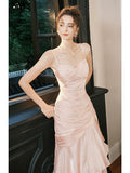 Mermaid Spaghetti Straps Long Length Blush Pink Evening Dress Prom Dresses HZ0628