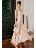 Mermaid Spaghetti Straps Long Length Blush Pink Evening Dress Prom Dresses HZ0628