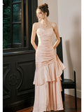 Mermaid Spaghetti Straps Long Length Blush Pink Evening Dress Prom Dresses HZ0628