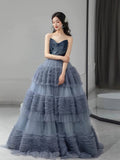 Ball Gown Sweetheart Neckline Gray Tulle Evening Dress Prom Dresses SD2859