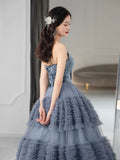 Ball Gown Sweetheart Neckline Gray Tulle Evening Dress Prom Dresses SD2859